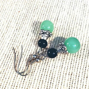 Antique Silver Carved Bead Caps Light Green Black Glass Earrings